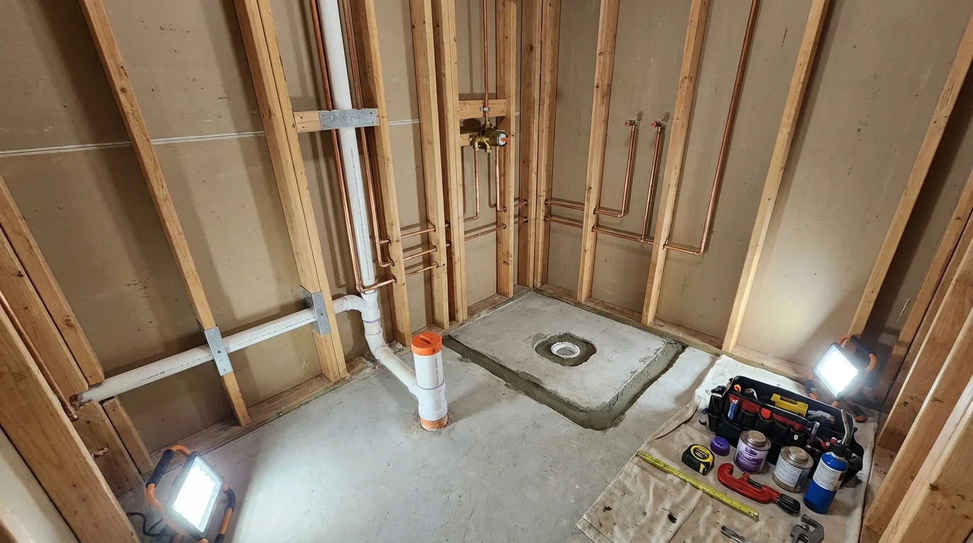 Bathroom rough-in plumbing during remodel by Johns Plumbing LLC in Sutherlin