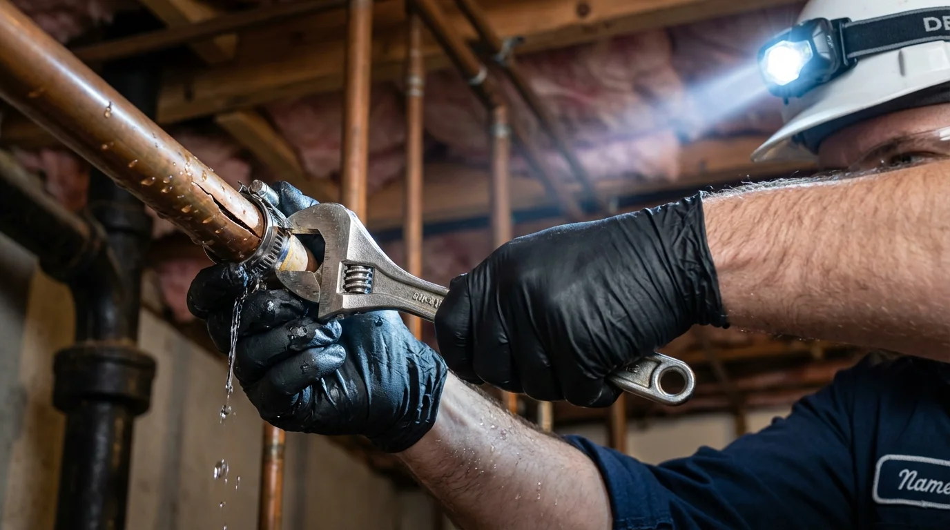 Emergency pipe clamp repair being performed by a Johns Plumbing LLC plumber in Sutherlin