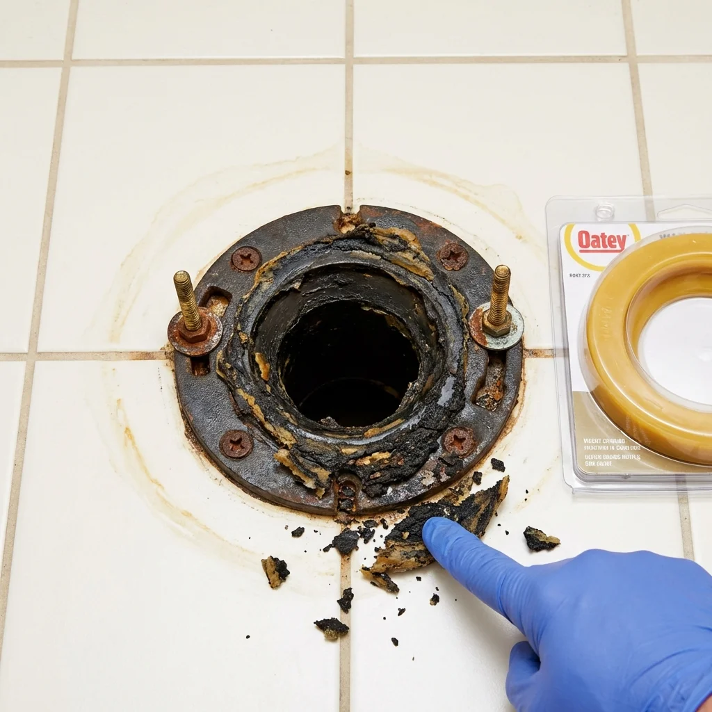 Failed wax ring showing water seepage at the base of a toilet in a Sutherlin, OR home